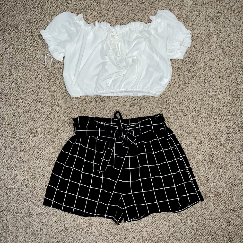 Brand New Never Worn Shein plus Bardot Frill trim top & Paper-bag waist shorts.